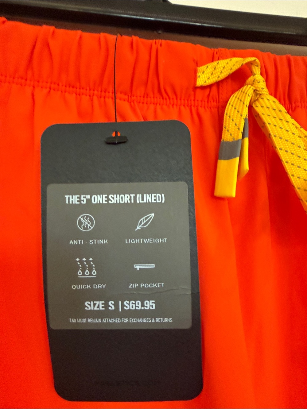 Fabletics Men's “5inch One Short” lined Shorts in Orange with Yellow Drawstring - Picture 2 of 5